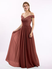 Long Cap Sleeves Chiffon Dress with Lace Top Terracotta