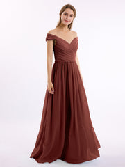 Long Cap Sleeves Chiffon Dress with Lace Top Terracotta