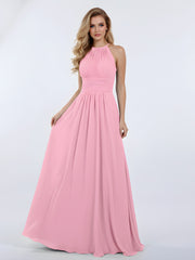 Long Halter Chiffon Dresses of Bridesmaid Candy Pink