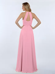 Long Halter Chiffon Dresses of Bridesmaid Candy Pink
