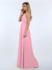 Long Halter Chiffon Dresses of Bridesmaid Candy Pink