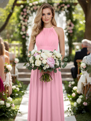 Long Halter Chiffon Dresses of Bridesmaid Candy Pink