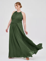 Long Halter Chiffon Dresses of Bridesmaid Olive Green
