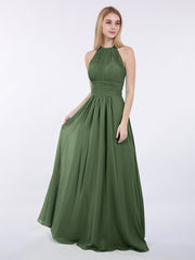 Long Halter Chiffon Dresses of Bridesmaid Olive Green