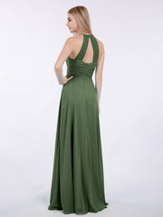 Long Halter Chiffon Dresses of Bridesmaid Olive Green