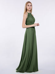 Long Halter Chiffon Dresses of Bridesmaid Olive Green