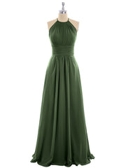 Long Halter Chiffon Dresses of Bridesmaid Olive Green