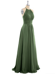 Long Halter Chiffon Dresses of Bridesmaid Olive Green