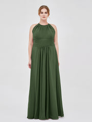 Long Halter Chiffon Dresses of Bridesmaid Olive Green