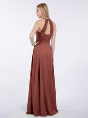 Long Halter Chiffon Dresses of Bridesmaid Terracotta
