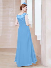 Illusion Neckline Chiffon Dress With Lace Blue Plus Size