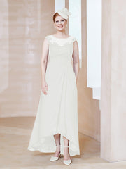 Illusion Neckline Chiffon Dress With Lace Ivory