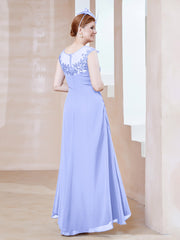Illusion Neckline Chiffon Dress With Lace Lavender