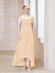 Illusion Neckline Chiffon Dress With Lace Peach