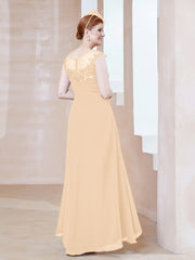 Illusion Neckline Chiffon Dress With Lace Peach