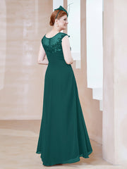 Illusion Neckline Chiffon Dress With Lace Peacock