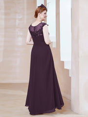 Illusion Neckline Chiffon Dress With Lace Plum