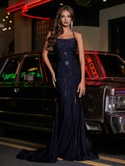 Spaghetti Straps Beaded Sheath Jersey Gown Dark Navy Plus Size