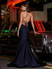 Spaghetti Straps Beaded Sheath Jersey Gown Dark Navy Plus Size