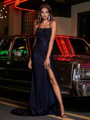 Spaghetti Straps Beaded Sheath Jersey Gown Dark Navy Plus Size