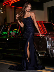 Spaghetti Straps Beaded Sheath Jersey Gown Dark Navy Plus Size