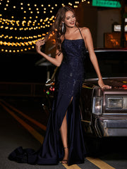 Spaghetti Straps Beaded Sheath Jersey Gown Dark Navy Plus Size