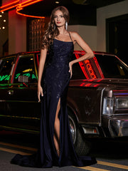 Spaghetti Straps Beaded Sheath Jersey Gown Dark Navy Plus Size