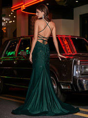 Spaghetti Straps Beaded Sheath Jersey Gown Dark Green
