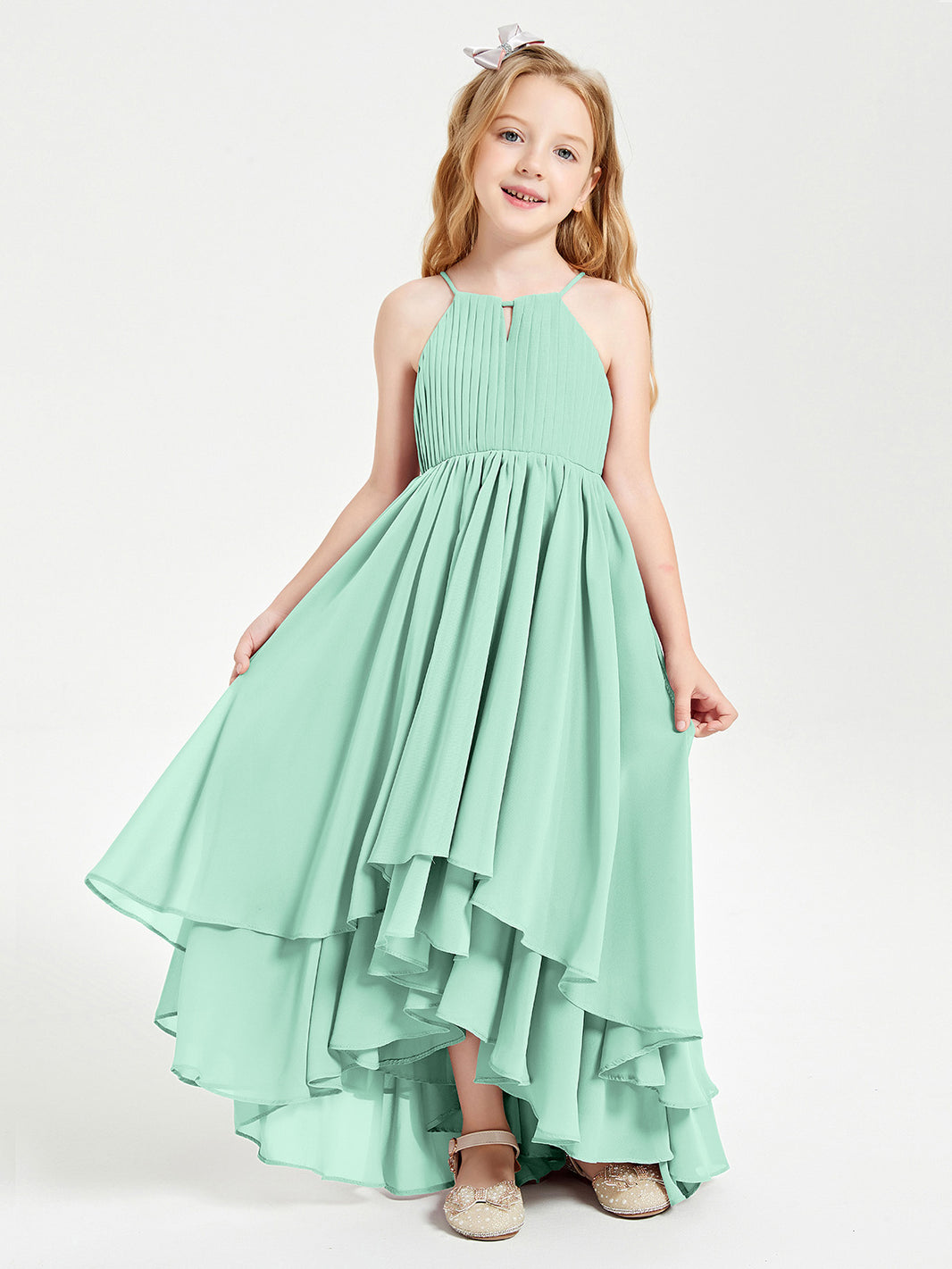 BABARONI Chiffon Mint Green Junior Bridesmaid Dresses A-line Halter  Asymmetrical Spaghetti Straps – BABARONI UK
