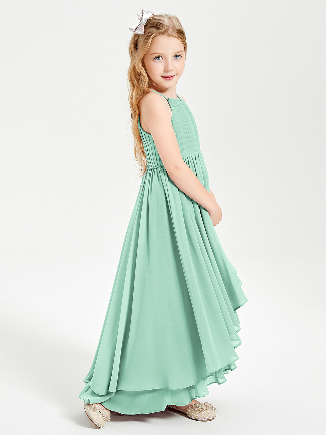 BABARONI Chiffon Mint Green Junior Bridesmaid Dresses A-line Halter  Asymmetrical Spaghetti Straps – BABARONI UK