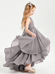 Asymmetrical Chiffon Junior Bridesmaid Dresses Silver