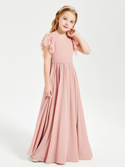 Chiffon Junior Bridesmaid Dresses with Lace Flutter Sleeves Dusty Rose