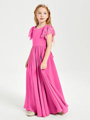 Chiffon Junior Bridesmaid Dresses with Lace Flutter Sleeves Azalea