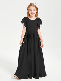 Chiffon Junior Bridesmaid Dresses with Lace Flutter Sleeves Black