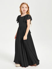 Chiffon Junior Bridesmaid Dresses with Lace Flutter Sleeves Black