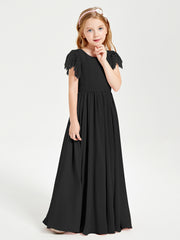 Chiffon Junior Bridesmaid Dresses with Lace Flutter Sleeves Black
