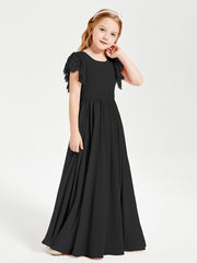 Chiffon Junior Bridesmaid Dresses with Lace Flutter Sleeves Black