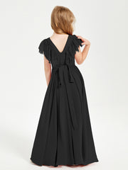 Chiffon Junior Bridesmaid Dresses with Lace Flutter Sleeves Black