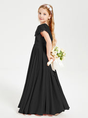 Chiffon Junior Bridesmaid Dresses with Lace Flutter Sleeves Black