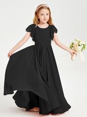 Chiffon Junior Bridesmaid Dresses with Lace Flutter Sleeves Black
