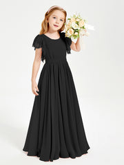 Chiffon Junior Bridesmaid Dresses with Lace Flutter Sleeves Black