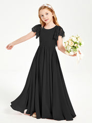 Chiffon Junior Bridesmaid Dresses with Lace Flutter Sleeves Black