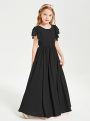 Chiffon Junior Bridesmaid Dresses with Lace Flutter Sleeves Black