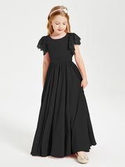 Chiffon Junior Bridesmaid Dresses with Lace Flutter Sleeves Black