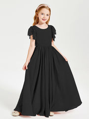 Chiffon Junior Bridesmaid Dresses with Lace Flutter Sleeves Black