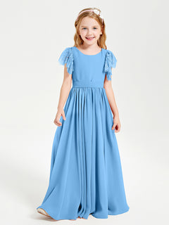 Chiffon Junior Bridesmaid Dresses with Lace Flutter Sleeves Blue