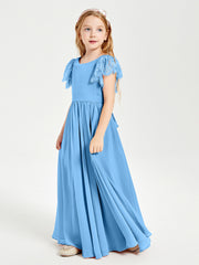Chiffon Junior Bridesmaid Dresses with Lace Flutter Sleeves Blue
