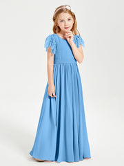 Chiffon Junior Bridesmaid Dresses with Lace Flutter Sleeves Blue