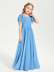 Chiffon Junior Bridesmaid Dresses with Lace Flutter Sleeves Blue