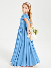Chiffon Junior Bridesmaid Dresses with Lace Flutter Sleeves Blue